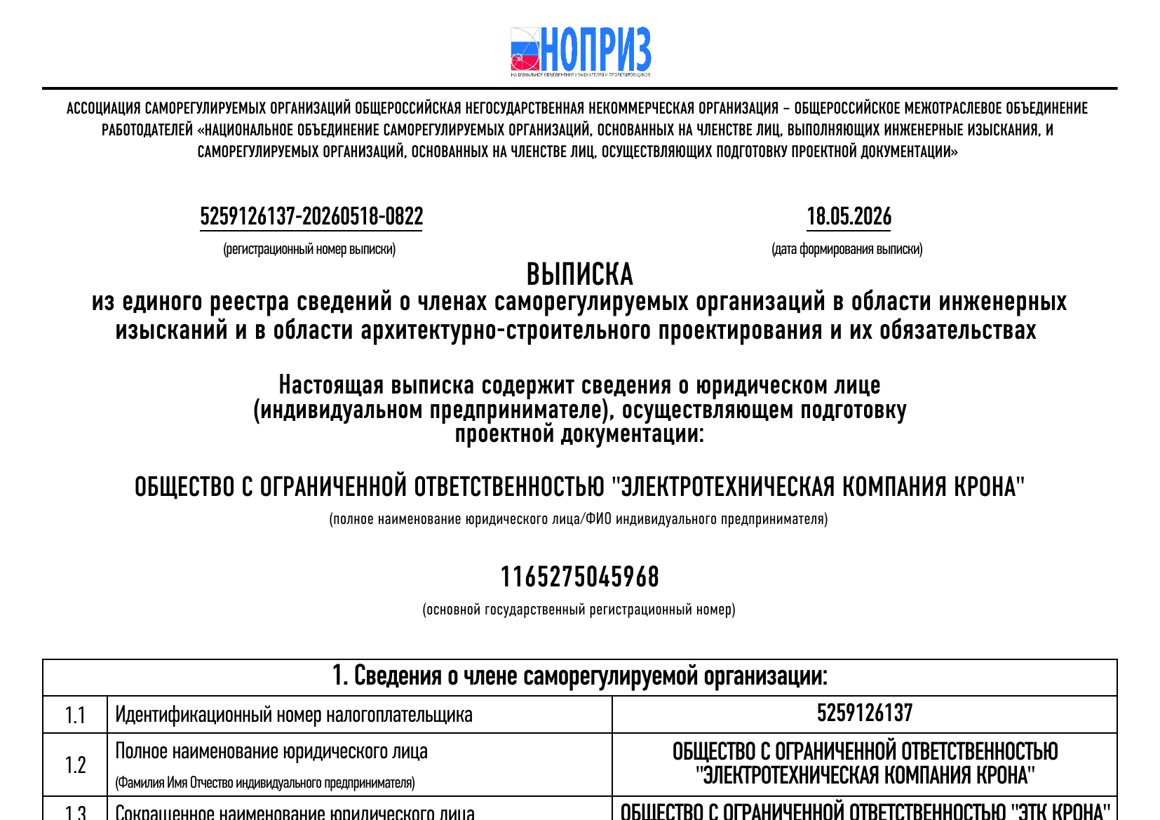 Выписка СРО проектирование (ПИР)